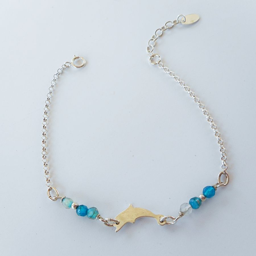 Small blue agate stones bracelet with dolphin on 925 silver chain