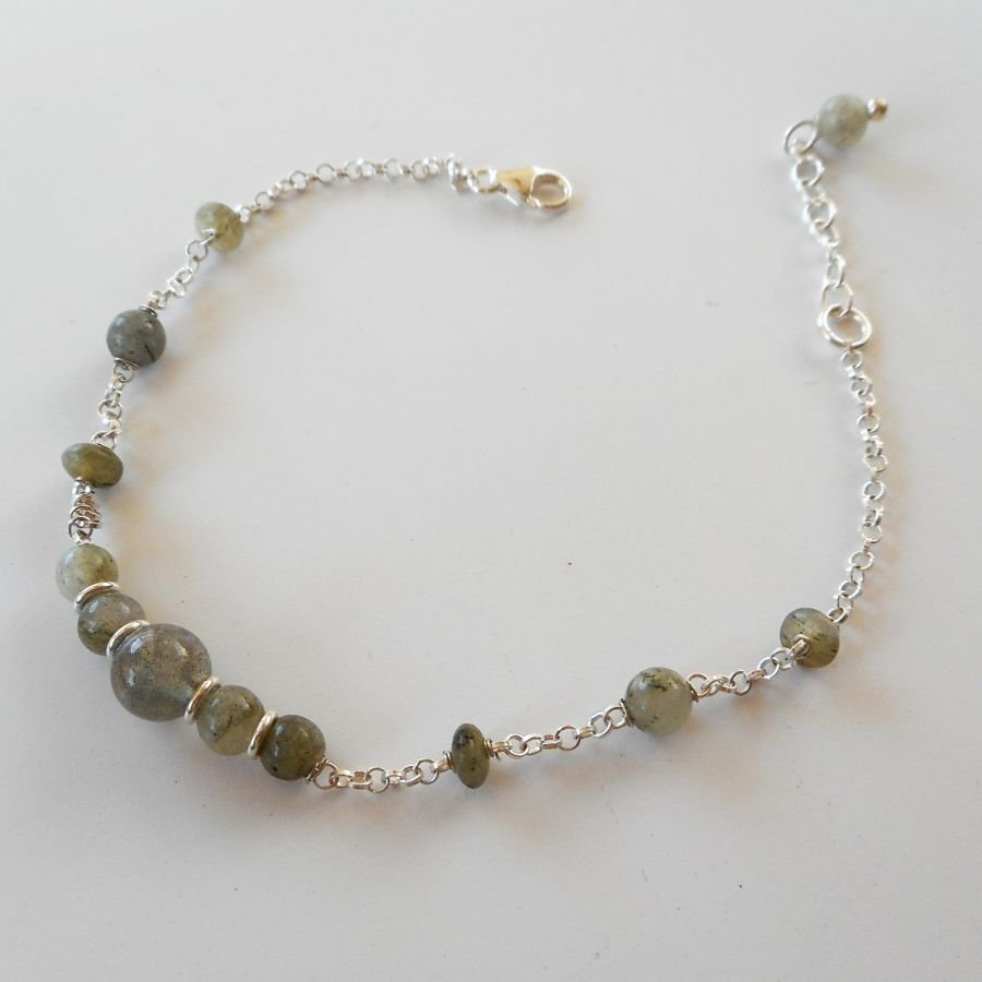 Green labradorite stone bracelet on 925 silver chain