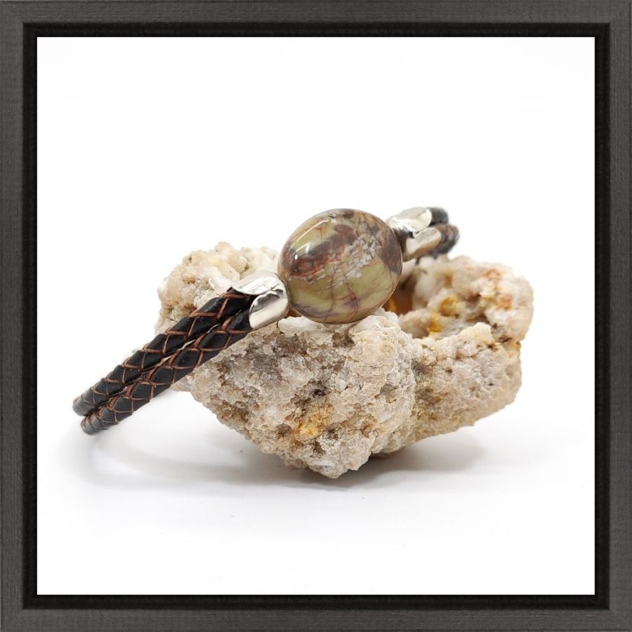 Stone bracelet jasper palet on brown leather double-rows for man