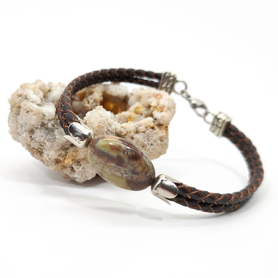 Stone bracelet jasper palet on brown leather double-rows for man