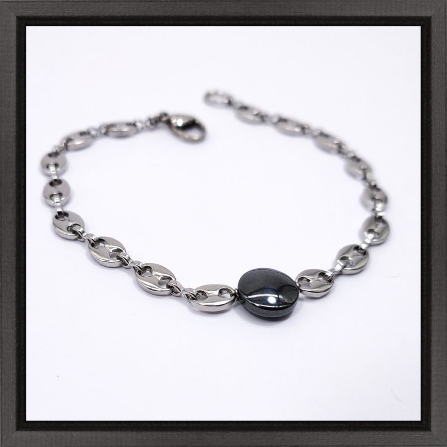 Flat stone bracelet in hematite on steel chain coffee bean 