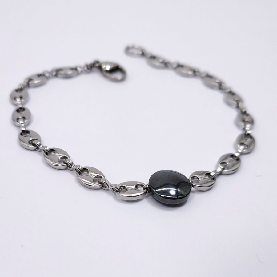 Flat stone bracelet in hematite on steel chain coffee bean 