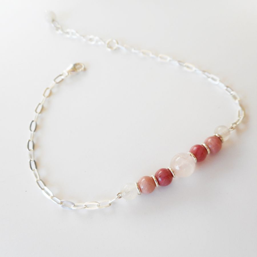 Rose quartz and rhodonite bracelet on 925 silver chain