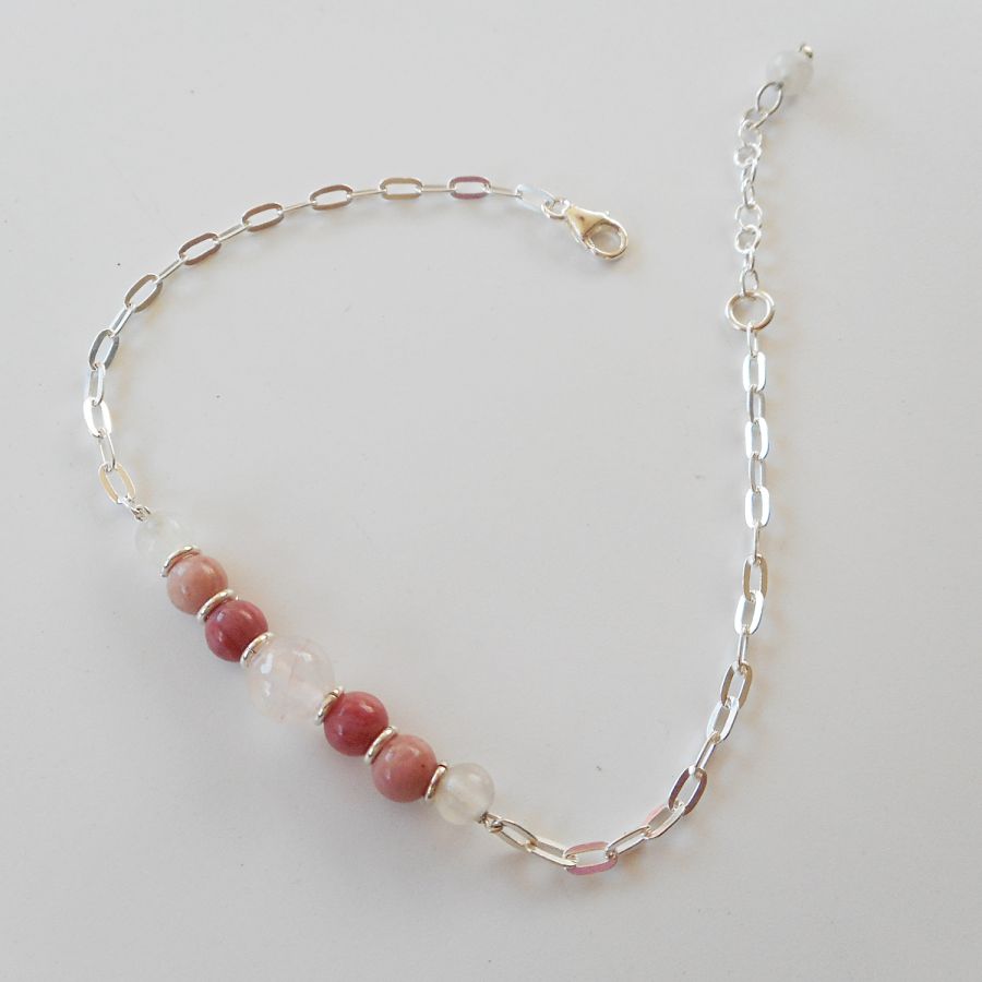 Rose quartz and rhodonite bracelet on 925 silver chain