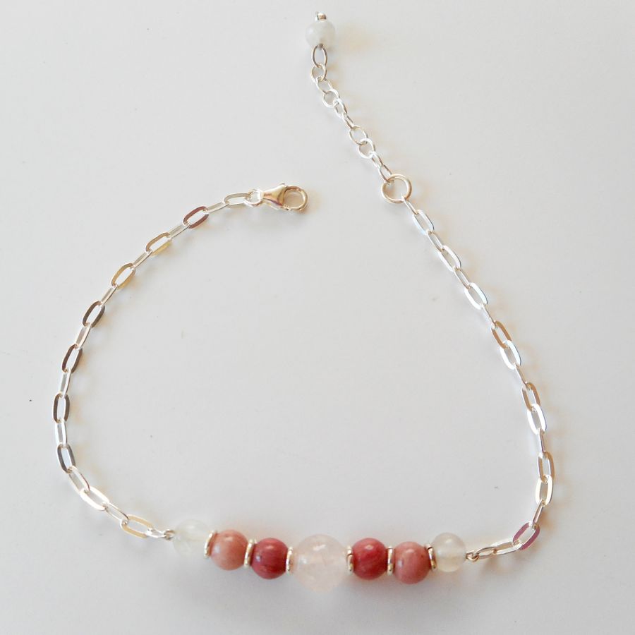 Rose quartz and rhodonite bracelet on 925 silver chain