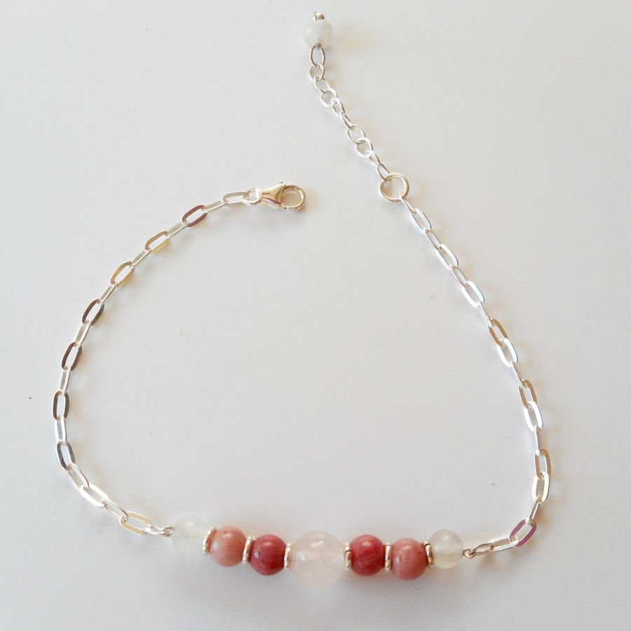 Rose quartz and rhodonite bracelet on 925 silver chain