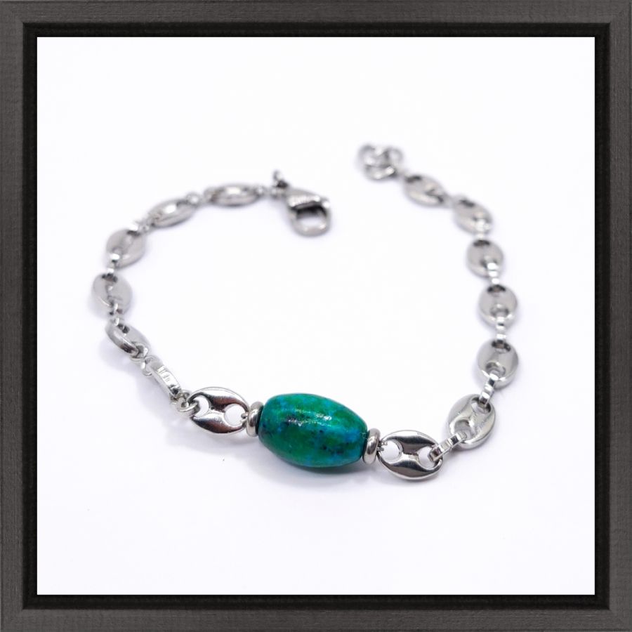 Blue rubizolite stone bracelet on steel coffee bean chain 