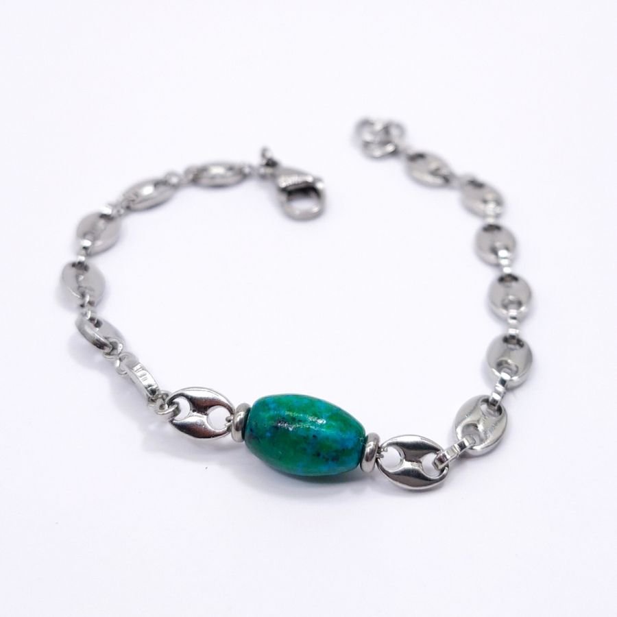 Blue rubizolite stone bracelet on steel coffee bean chain 