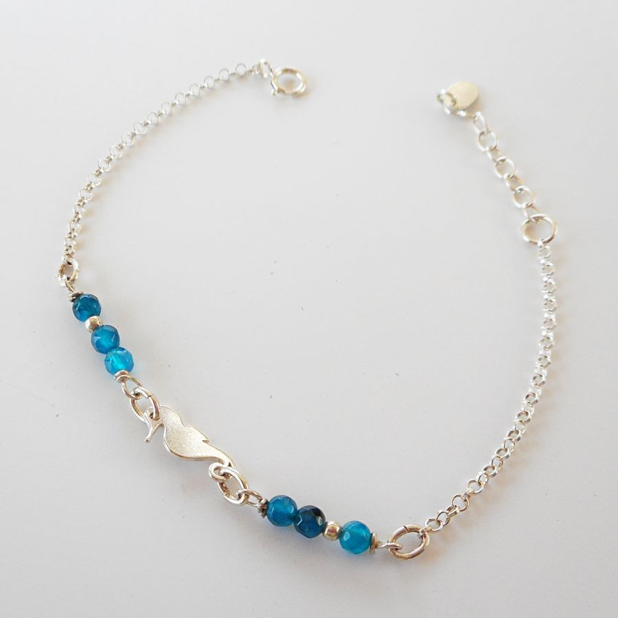 Blue agate stones bracelet with seahorse on 925 silver chain