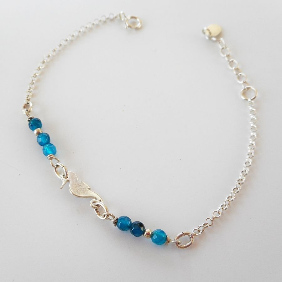 Blue agate stones bracelet with seahorse on 925 silver chain