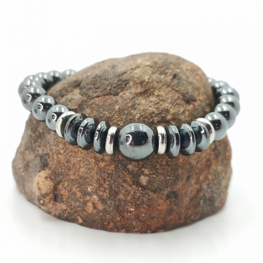 Anthracite grey hematite stones and stainless steel bracelet for men