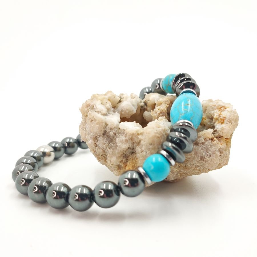 Anthracite grey and blue turquenite hematite bracelet for men