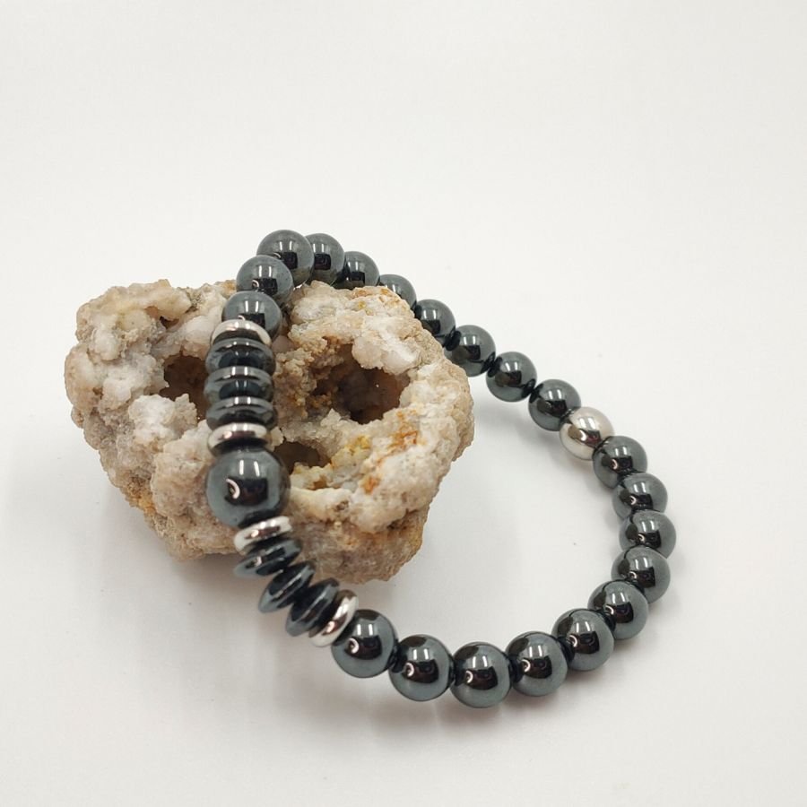 Anthracite grey hematite stones and stainless steel bracelet for men