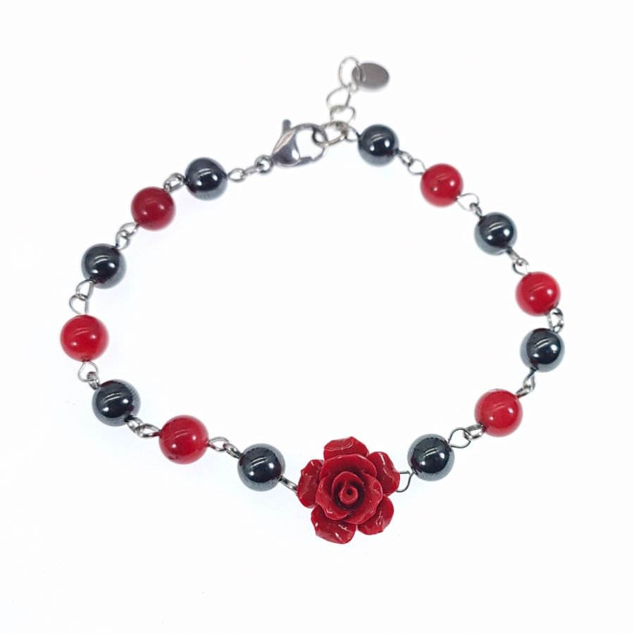 Hematite stone bracelet with red rose