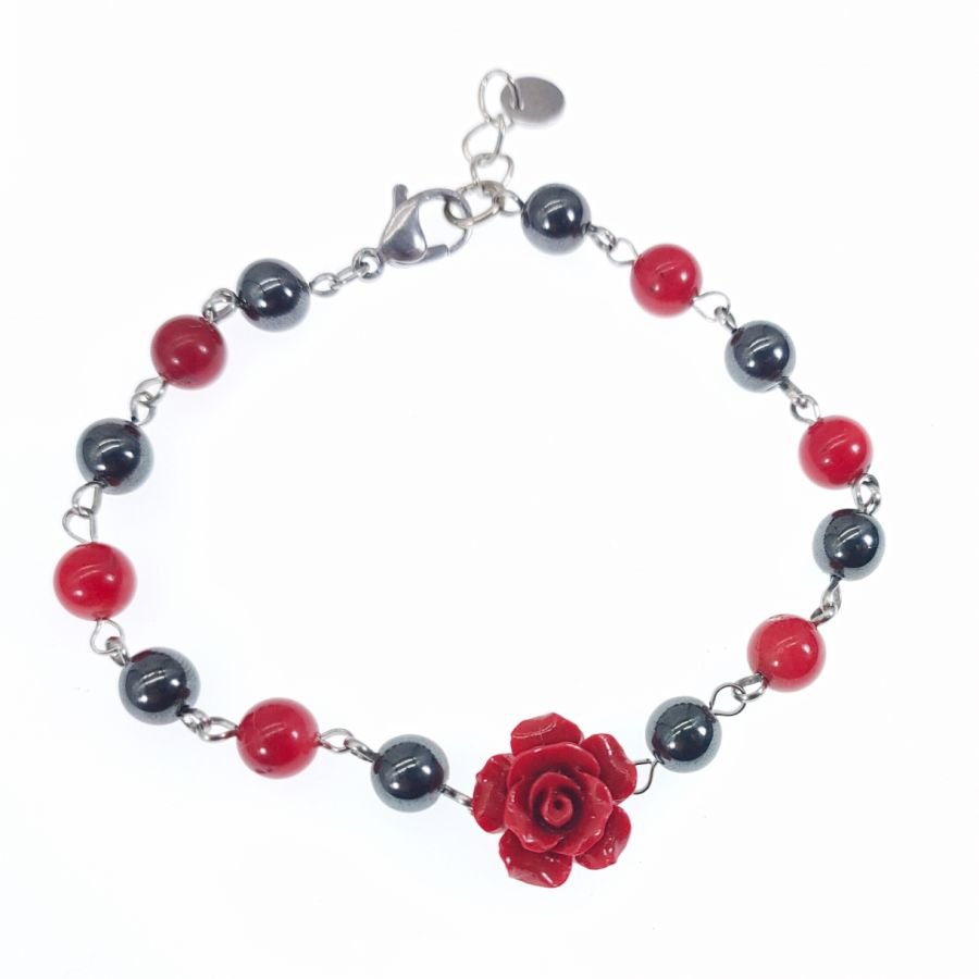 Hematite stone bracelet with red rose