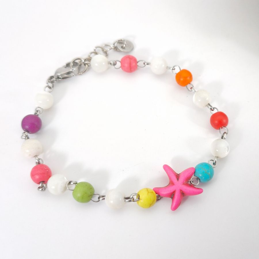 Multicolored stone bracelet with pink starfish