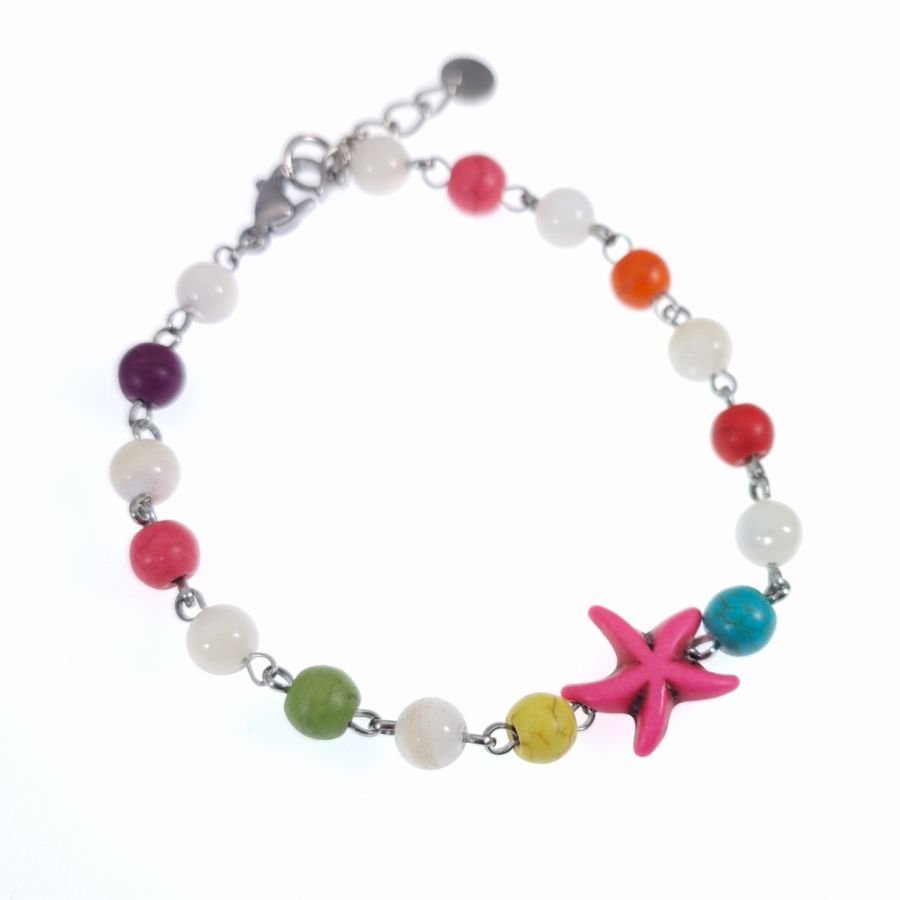 Multicolored stone bracelet with pink starfish