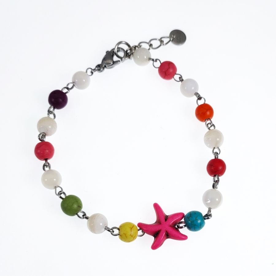 Multicolored stone bracelet with pink starfish