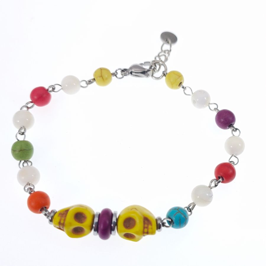 Multicolored stone bracelet with yellow skull