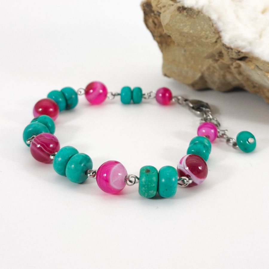 Turquoise and fuchsia pink agate bracelet