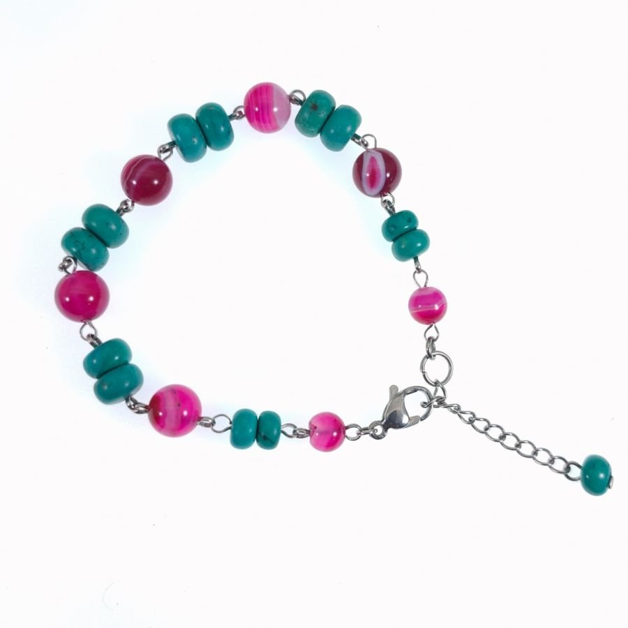 Turquoise and fuchsia pink agate bracelet