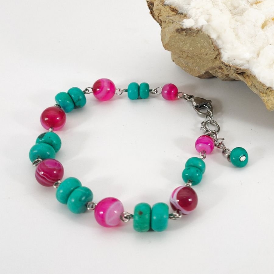 Turquoise and fuchsia pink agate bracelet