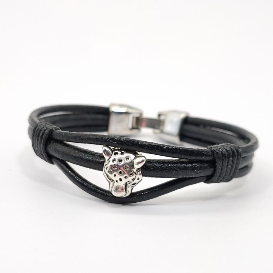 Tiger bracelet on black leather cords