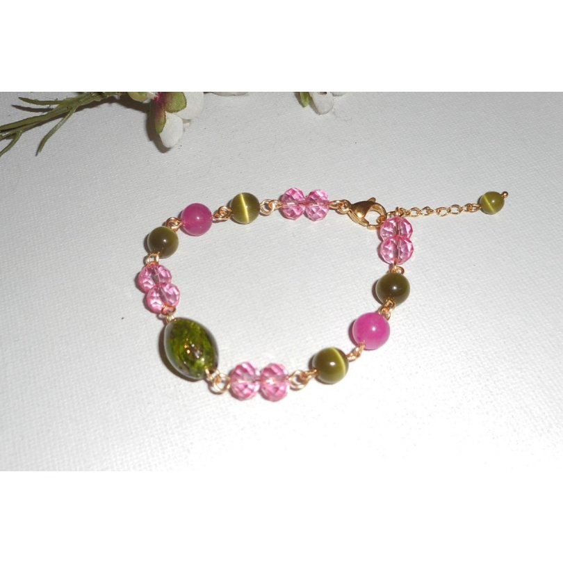 Murano Glass and pink and green crystal bracelet on gold steel chain