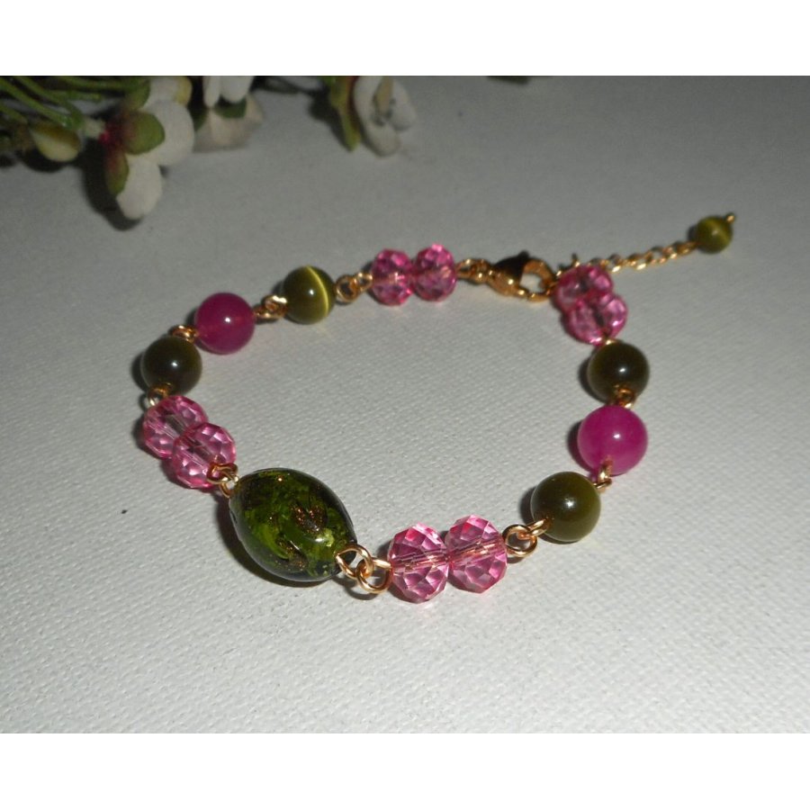 Murano Glass and pink and green crystal bracelet on gold steel chain