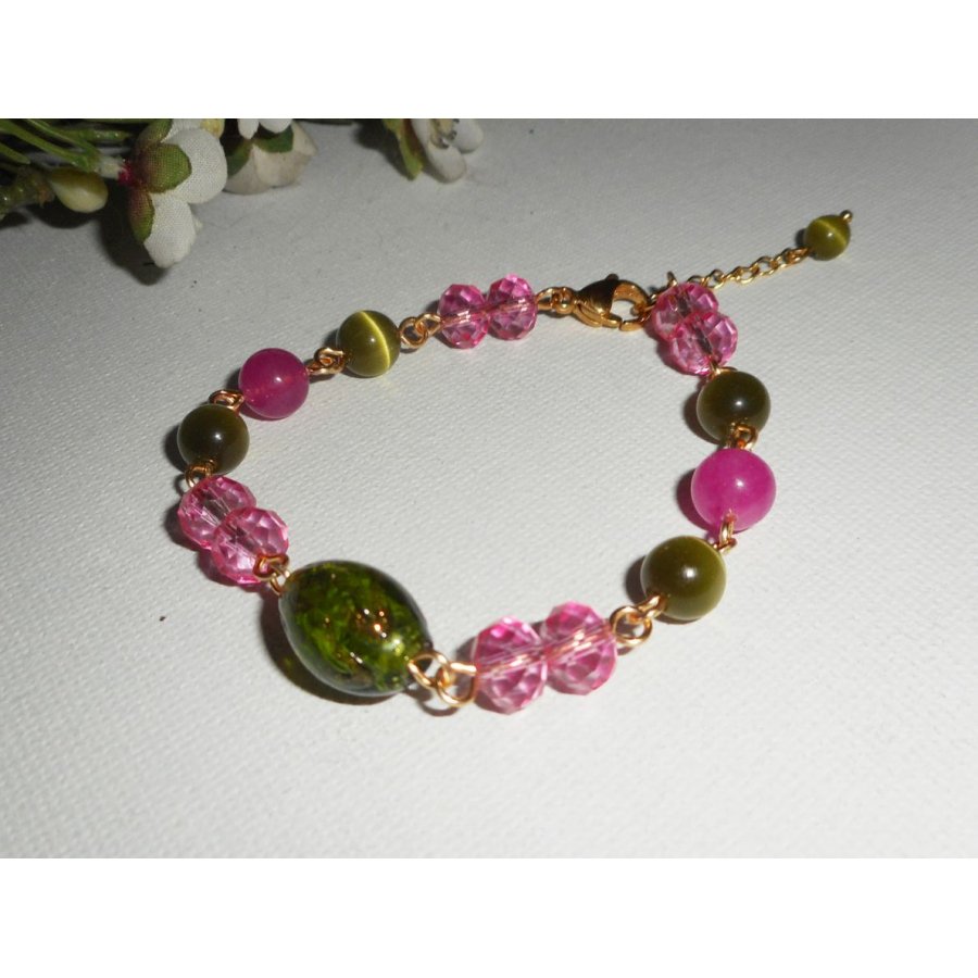 Murano Glass and pink and green crystal bracelet on gold steel chain