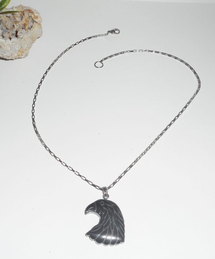 Hematite stone eagle necklace on stainless steel chain