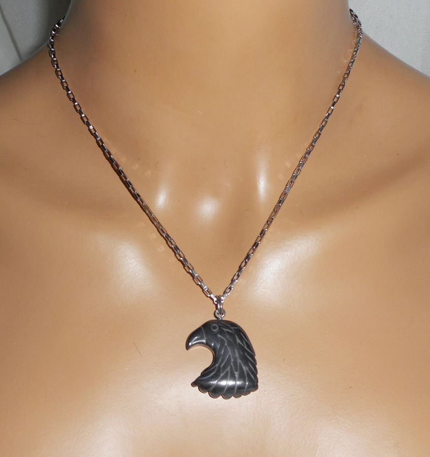 Hematite stone eagle necklace on stainless steel chain