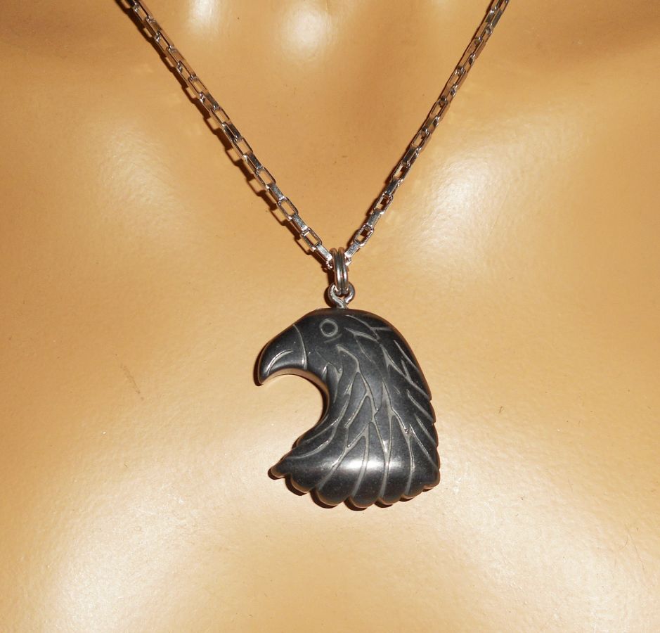 Hematite stone eagle necklace on stainless steel chain