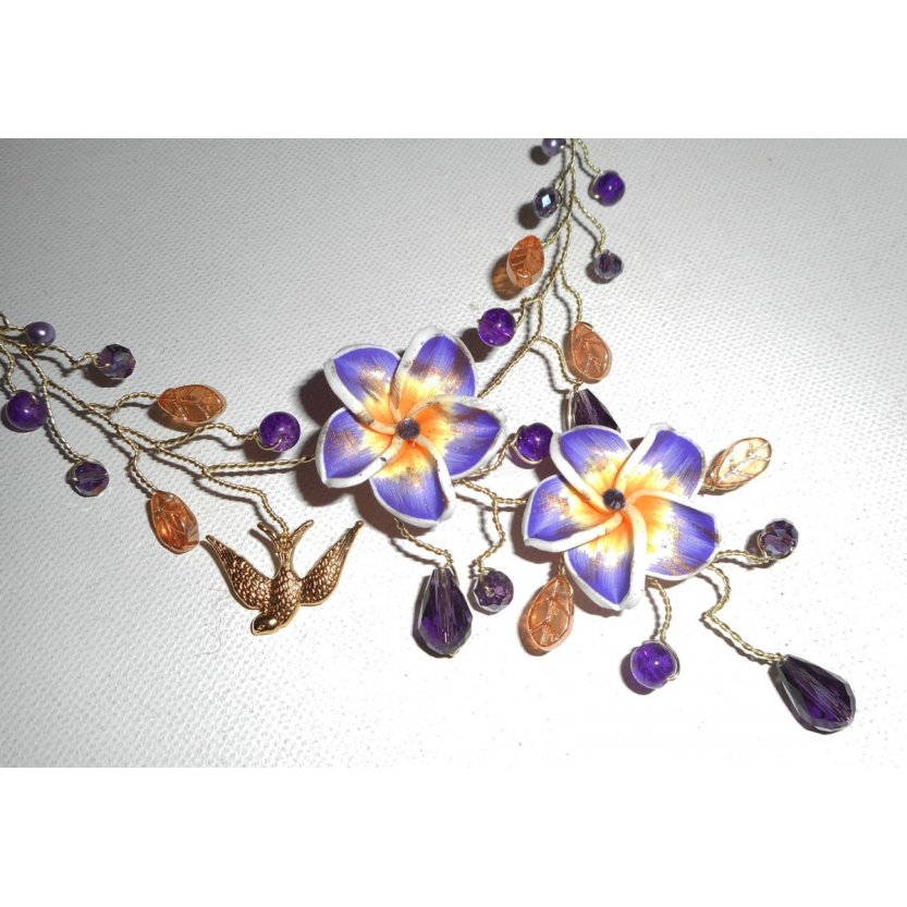 Airy necklace with hibiscus flowers and purple crystal beads