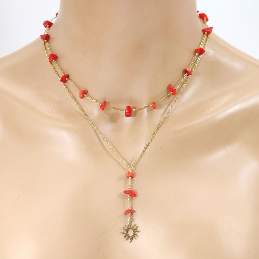 Double row necklace in red gorgon with sun