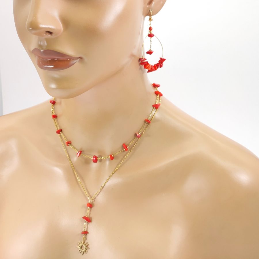 Double row necklace in red gorgon with sun