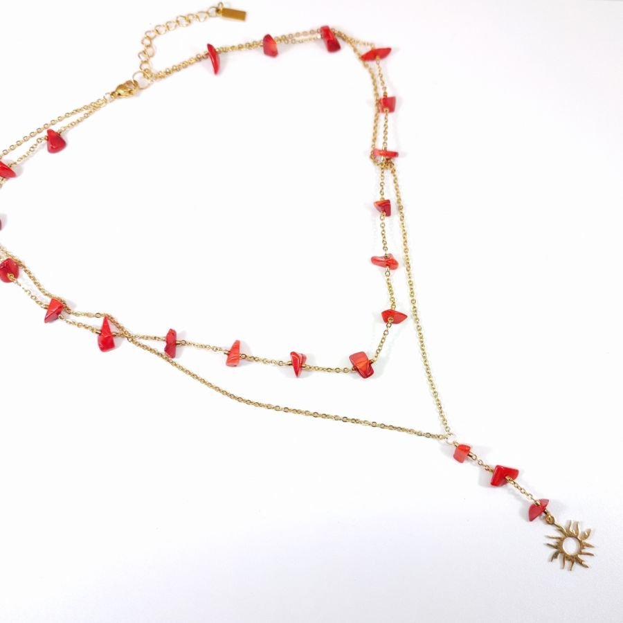 Double row necklace in red gorgon with sun