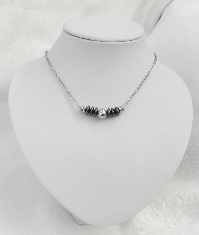 Man necklace with hematite stones and stainless steel bead