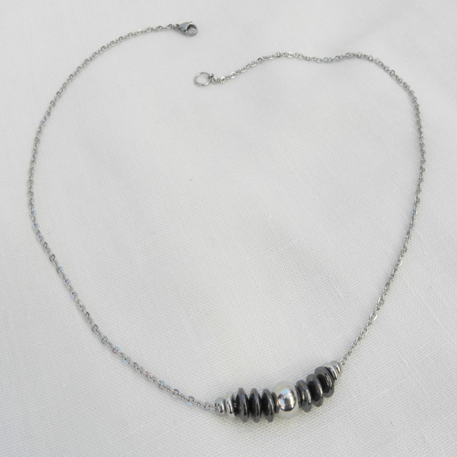 Man necklace with hematite stones and stainless steel bead