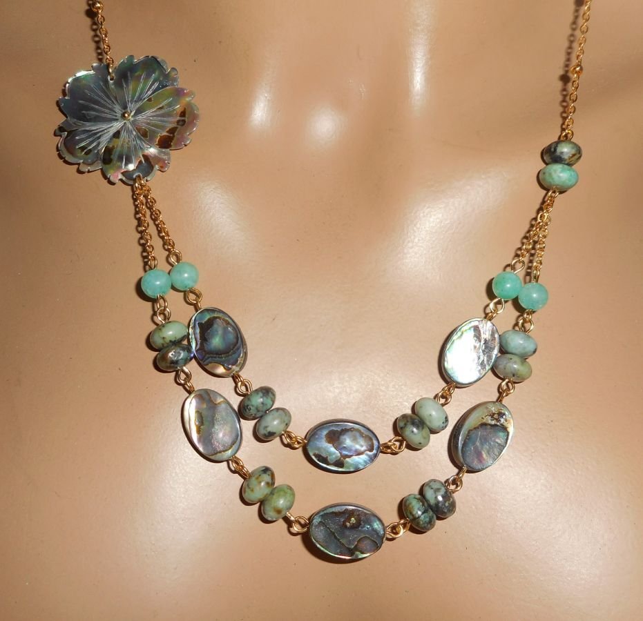 Necklace set green jasper stones with flowers and abalone pucks double rows