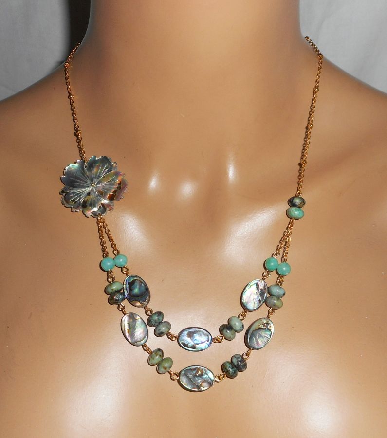 Necklace set green jasper stones with flowers and abalone pucks double rows