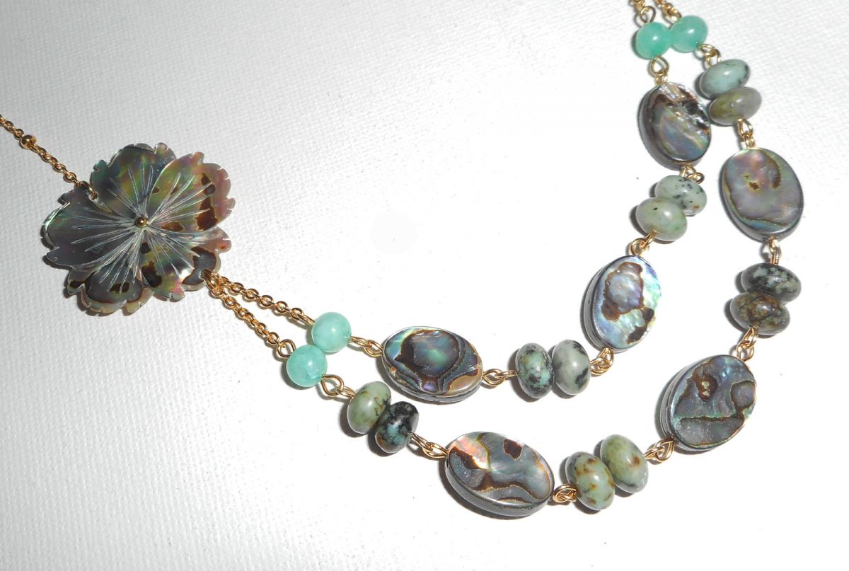 Necklace set green jasper stones with flowers and abalone pucks double rows