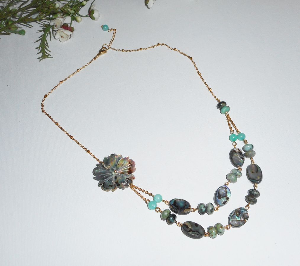 Necklace green jasper stones with flowers and double row abalone pucks