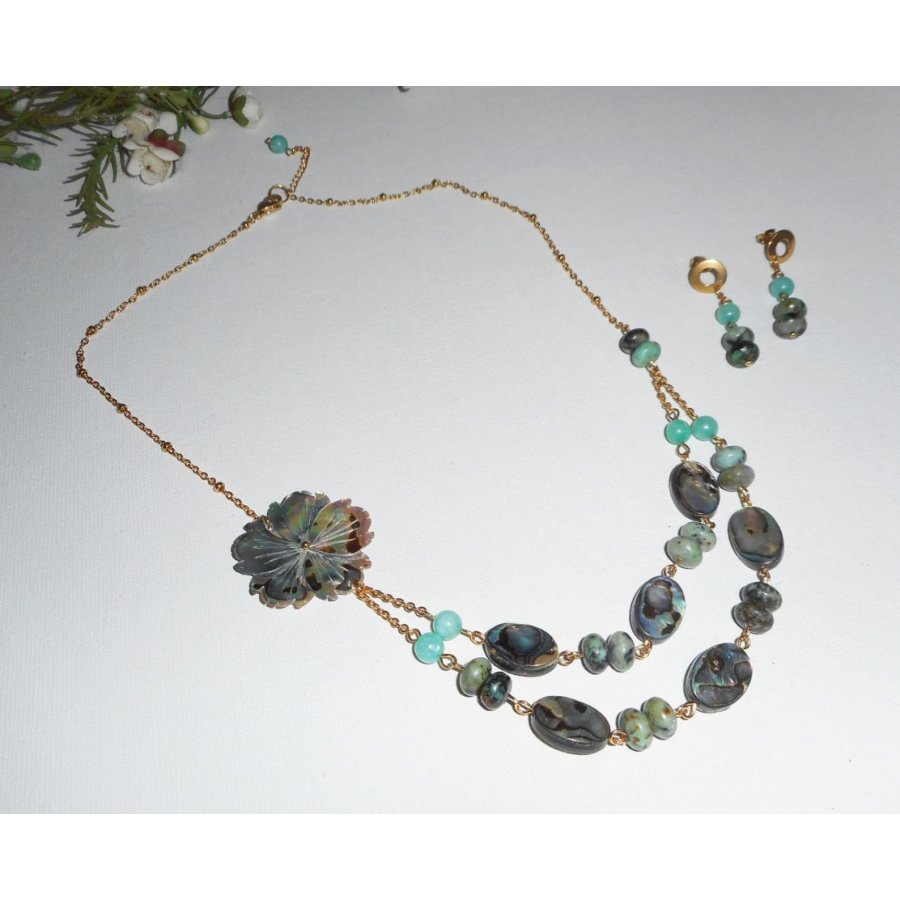 Necklace set green jasper stones with flowers and abalone pucks double rows