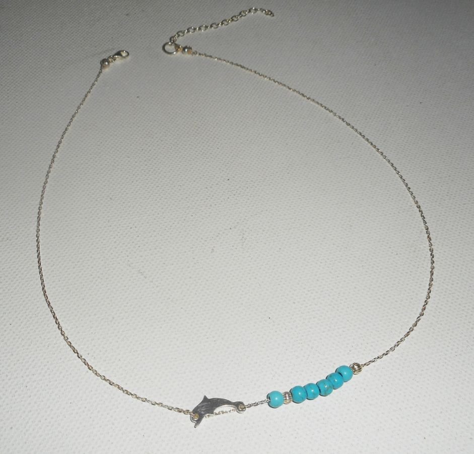 925 silver choker necklace with small dolphin and turquoise stones