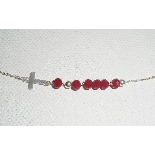 Collier ras de cou en argent 925 avec petite croix etperles en cristal rouge