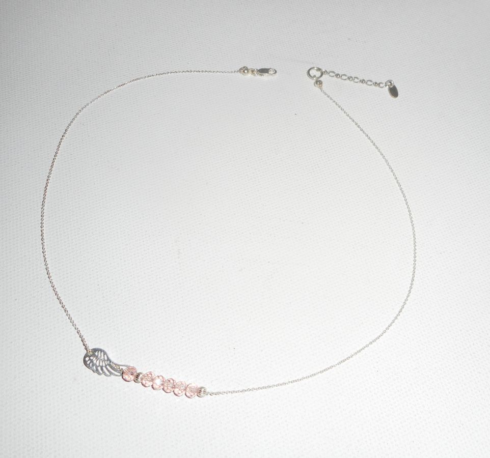 925 silver choker necklace with small wing and pink crystal beads