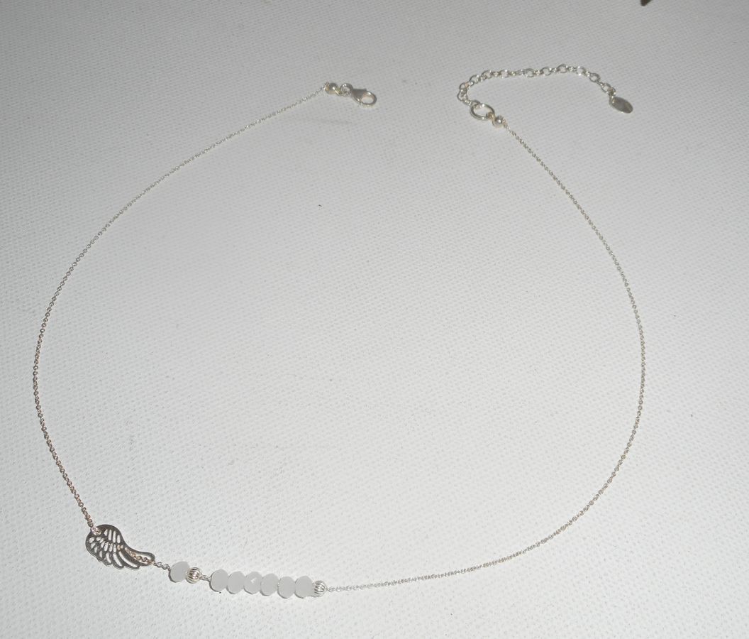 925 silver choker necklace with small wing and white crystal beads