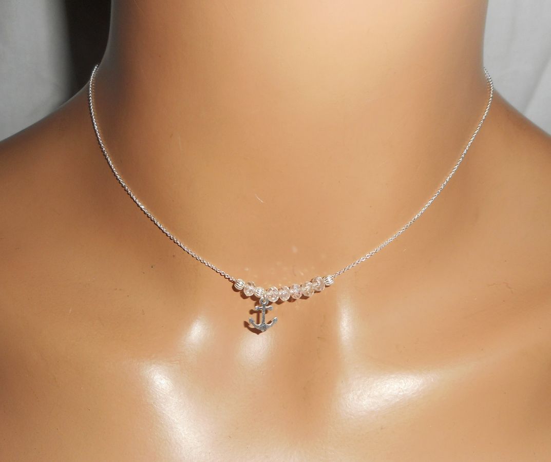 925 silver choker necklace with anchor and crystal beads