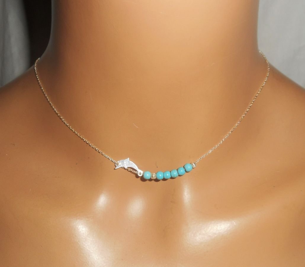 925 silver choker necklace with small dolphin and turquoise stones